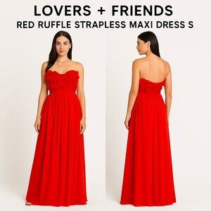 Lovers + Friends Red Ruffle Strapless Maxi Dress S